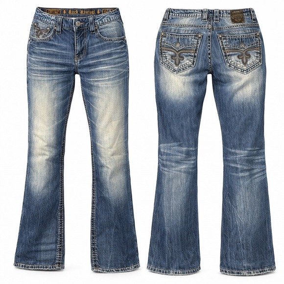 ROCK REVIVAL LUCIO 33 BOOT EMBROIDERED WHISKERING THICK STITCH JEANS - Picture 2 of 10